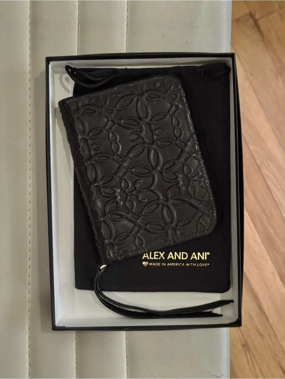 Alex and Ani genuine embossed super soft leather wallet Black in box with bag